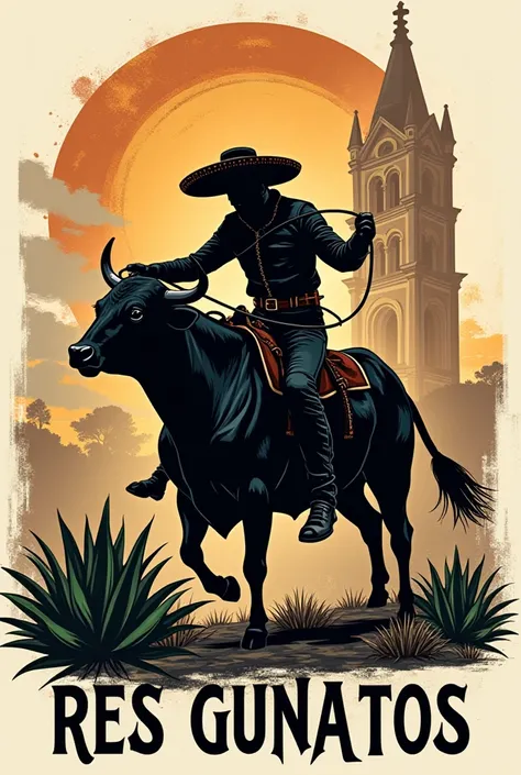  Create me a logo with a bull being ridden by a black charro and its whip against the background of the cathedral of Guadalajara Jalisco, with agaves on the front and that says BIRRIERIA de Res Guanatos in large letters  