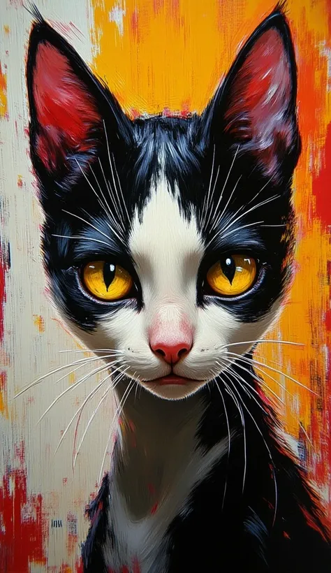 This is a striking artistic representation of a cat, featuring bold colors and expressive details. The cat has distinctive markings with a combination of black, white, and a hint of red, while its large yellow eyes draw attention. The style appears to be a...