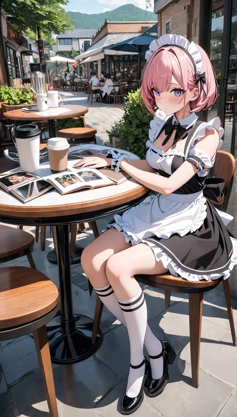 ((( best quality, 8k, masterpiece: 1.3)), (( best quality)), ((masterpiece)), (  Details),  perfect face, Pink short hair maid girl,  Ruffled Maid Outfit,  high resolution,  textured skin,  anime style,  Read photo albums on the open terrace of the cafe,  ...