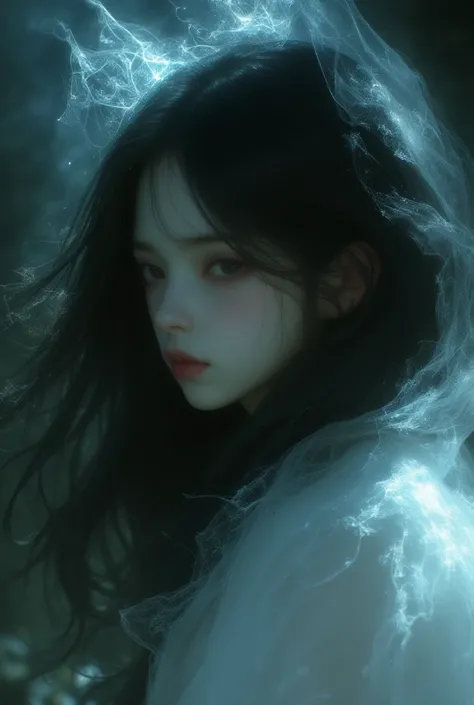  Beautiful girl, solo, , long hair, black hair, sad face, hime cut, holographic ghost in the air