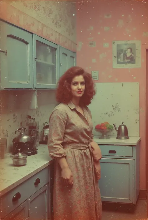 (best quality, 128k,highres,masterpiece:1.2),ultra-detailed,(realistic,photorealistic,photo-realistic:1.37), ((masterpiece)) ((photography)) ((Highest quality)) A charming 1980s vintage kitchen with pastel-colored cabinets, a retro refrigerator, and patter...