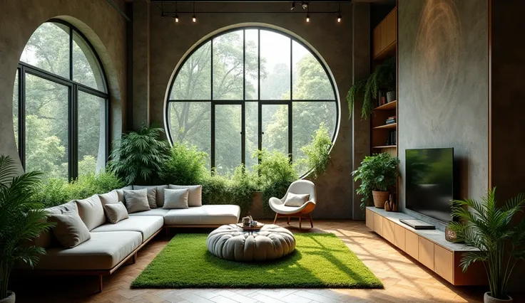 make a brutalist a cozy living room with an open space

make the couch look clouds

full of lush, hanging vines and moss

make a lot of different shape　コーヒーカップが手前

big industrial window

make some windows circle 

add fern

add cloud ottoman

add a televis...