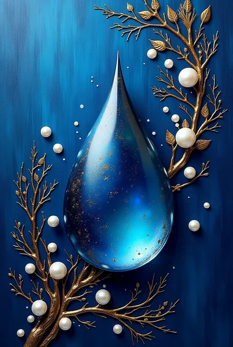  abstract painting, Fond bleu nuit, graphic gold filaments and pearls, High Definition, Put relief, ajouter au centre une goutte d'eau cristalline en parfaite harmonie avec l'ensemble de l'image