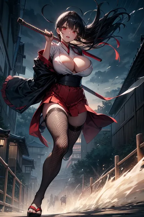  best quality　 delicate depiction　Delicate skin　Exact shape　Ninja　 big breasts　Of an accurate depiction(full body fishnet stockings)　Short knife　 black kimono　　Black Hakama　Black Robe　night　darkness　darknessnight　Outdoors　 dark scenery 　Ninjutsu　 nature　 E...