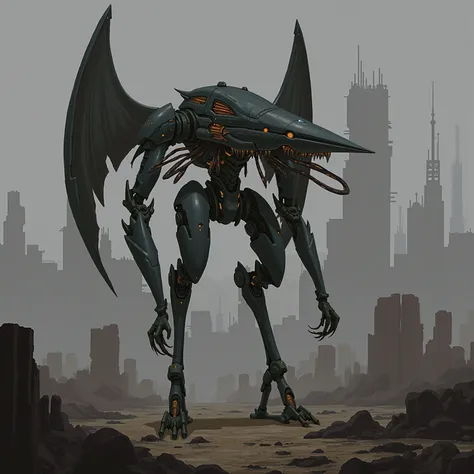 Illustrate a bipedal combat machine with retractable wings and mechanical tendrils that can manipulate objects, featuring a glossy finish and glowing circuits, placed in a post-apocalyptic setting.