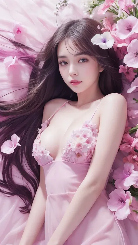  One Girl,  medium breasts,  floral, Lisianthus , pale pink and light blue styles.,  dreamy ,  romantic piece.,  pale pink, Intangible documents, A fun arrangement, Fantasy ,  high contrast, Ink strokes,   explosion , Overtouch ,  Impression of purple and ...