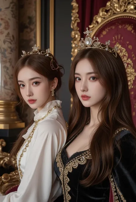 2 beautiful very powerfull  filthy rich billionaire medieval  gorgeous royal  queens  they have long hair they are look fresh clean 