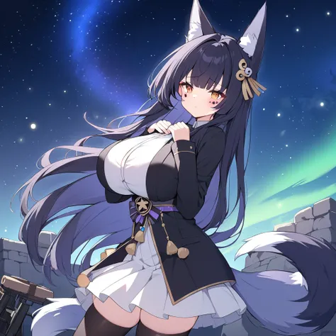 dark night, stars, starry sky, starfall, northen lights,  Stargazing, looks at stars,  clear sky. snowflakes, ancient ruins, 1girl, fox ears, fox tail, long hair, black hair, hair ornament, indian red beautiful eyes,  huge breast, black blazer, white impos...