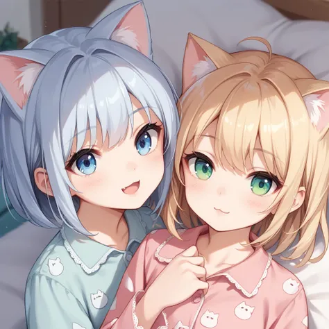 score_9, score_8_up, score_7_up, source_anime, 2girls, cute, cat ears, pajamas, close, sisters, masterpiece, best quality, highly detailed