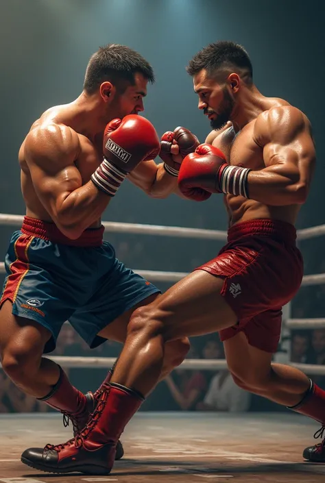 Two fighters in the ring. One of them delivers a knee kick to the side of his face. While the other guy is too slow to react