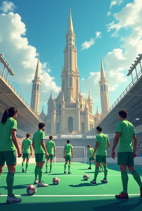 12 futsal team players are in the Sports Center with a view of the magnificent palace, in front of the palace there is the writing Matchday 
KFL 2025, with the team wearing light green uniforms