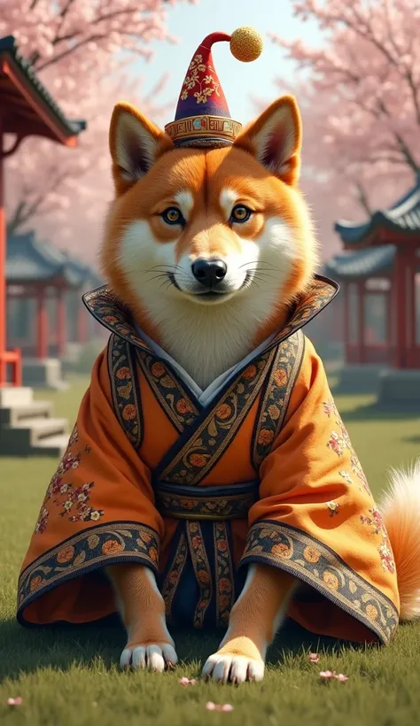 A Shiba Inu dressed as a Japanese Bakatono sits looking at the camera,
with a park in the background,
high quality, authentic, surreal,