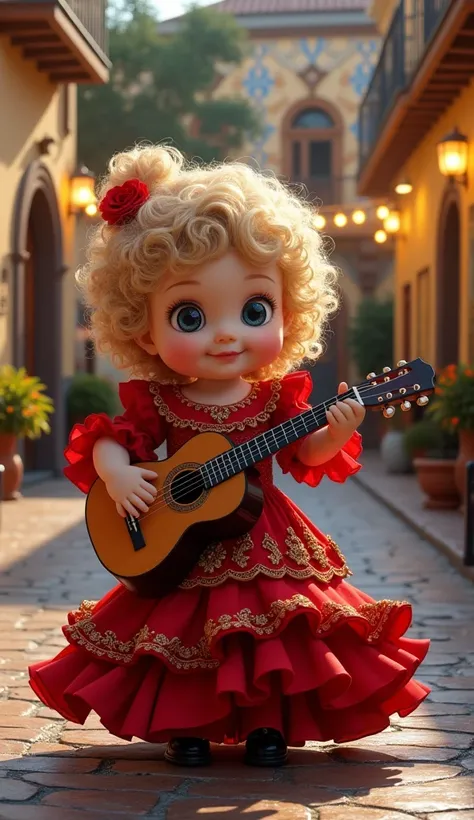  A fluffy chubby baby with curly blond hair is standing ,  wearing a dazzling flamenco dance dress . The dress is vibrant red ,  richly embroidered with gold and black details ,  featuring dramatic ruffles on the sleeves and skirt ,  that open in voluminou...