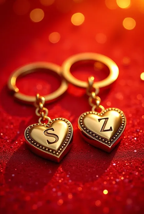 Gold and read love heart key chains one with the letter S inside and one with the letter Z inside 
Red and gold sparkly background 