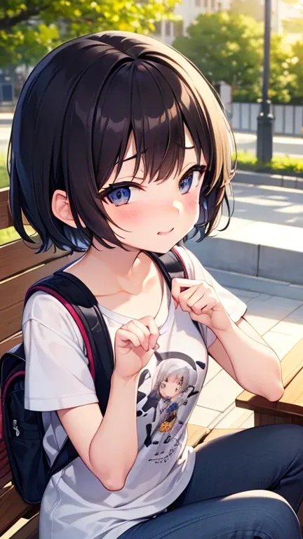 １ bashful girl　 elementary school students　 short　 sitting on a park bench 　Big face　 black hair　 short hair 　 big eyed 　Shiny Eyes　Large T-shirt　 light blue short jeans　 backpack　