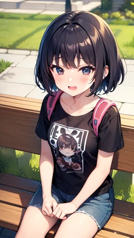 １ bashful girl　 elementary school students　 short　 sitting on a park bench 　Big face　 black hair　 short hair 　 big eyed 　Shiny Eyes　Large T-shirt　 light blue short jeans　 backpack　