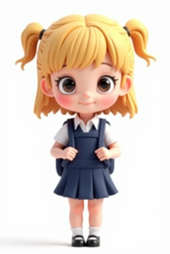  bright light colors image in high definition animated three-dimensional chibiss a girl with exaggerated tender features, big bright eyes ,  ruffled cheeks with blonde hair tied in two pigtails .  wears a White Shirt , a solid navy blue jumper ,  that is a...