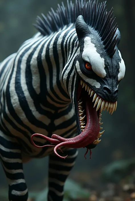 A venom zebra, lot of teeths, venom character, marvel, a fin on the head, angry