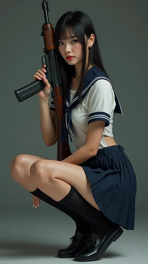 Score_9, score_8_up , score_7_up , Adult woman dressed in schoolgirl style, Wearing a short skirt, , black socks,  loafers , Crouching Stance,  holding a rifle , photo is present, 8k,  High Quality ,  very detailed,  is present,  is present lighting, drama...