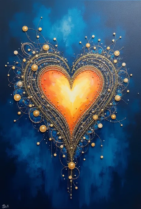 Peinture abstraite, Fond bleu nuit, filaments dorés graphiques and pearls, haute définition, mettre du relief, ajouter au centre une peinture tout en relief of a heart love cristallin en parfaite harmonie avec l'ensemble de l'image