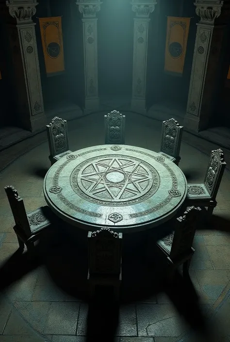 
A big round table made of stone with pentagram symbol on it and with five chairs
