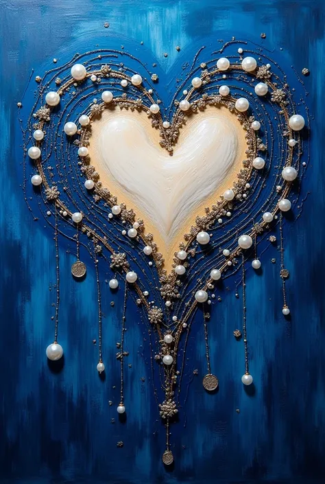 Peinture abstraite, Fond bleu nuit, filaments dorés graphiques and pearls, haute définition, mettre du relief, ajouter au centre une peinture tout en relief of a heart love cristallin en parfaite harmonie avec l'ensemble de l'image