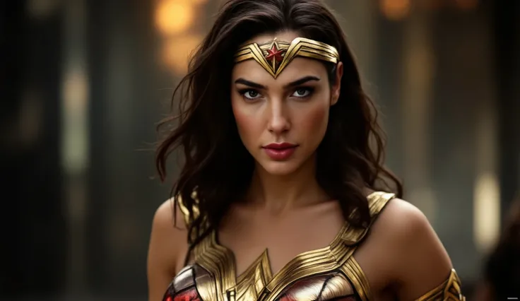 A cinematic portrait of a strong, elegant woman inspired by Wonder Woman. She has light olive skin, a symmetrical face, and tousled dark brown hair cascading over her shoulders. Her almond-shaped eyes hold a seductive yet determined gaze, and her full, par...