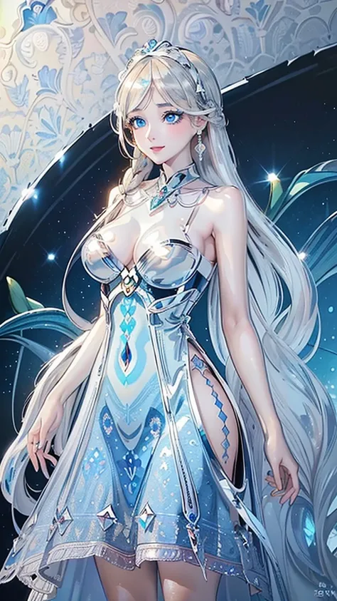 Masterpiece, Ultra High Quality, Ultra HD Quality, The most beautiful woman in history, Anime, Slender body, (Big, ample breasts, cleavage), Tall, Small face, Well-proportioned figure, ((Beautiful white skin)), (shining Platinum Blonde hair: 1.2), (((singl...