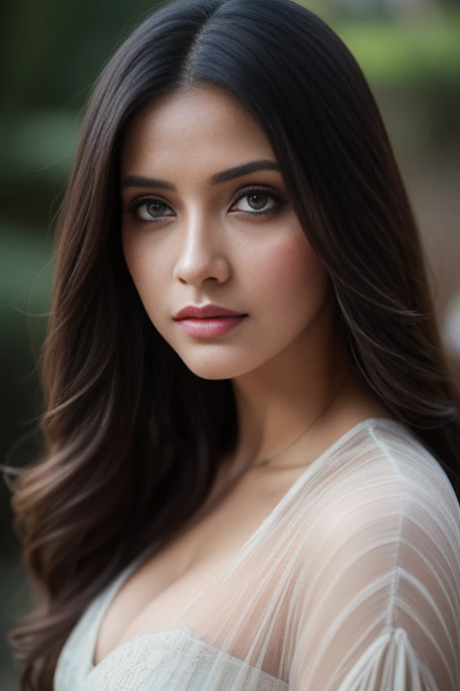 Portrait of A confident-looking indian woman with long flowing hair, hazel eyes, with flowing colourful capes, c-cup breast, perfect fit body and shape, sitting in water, waterfall background, bokeh, bokeh perfect composition, hyperrealistic, super detaile...