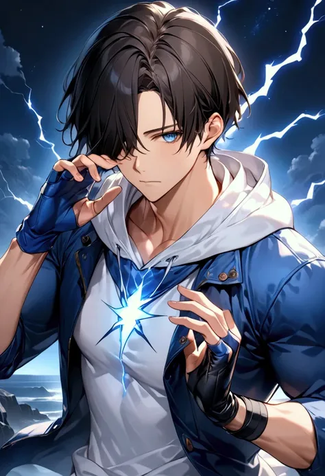 (masterpiece,  best quality:1.2), dark haired young man"Asuka", clothing:  white hoodie with blue jacket, Black Leather Fingerless Driver's Glove ,  Upper Body Focus ,  bust up shot,simple background with a starry sky on one side, The act of retightening t...