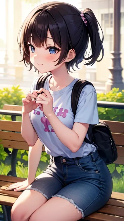 １ bashful girl　 elementary school students　 short　 sitting on a park bench 　 Small Hands　Small feet　Big face　 black hair　 short hair 　 big eyed 　Shiny Eyes　Large T-shirt　 light blue short jeans　 backpack　