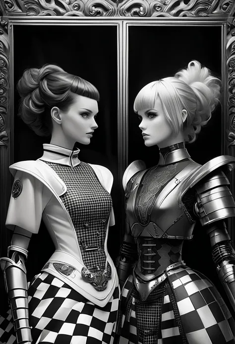  robots and costumed women side by side,  Victorian Sci-fi Inspired , Hugh Kretschmer, Checkered clothing, Wears ornate armor, Daguerreotype, Photographed in 2009,  cinematic widescreen footage ,  Black and white color photo , Fashion photography art, CGSo...