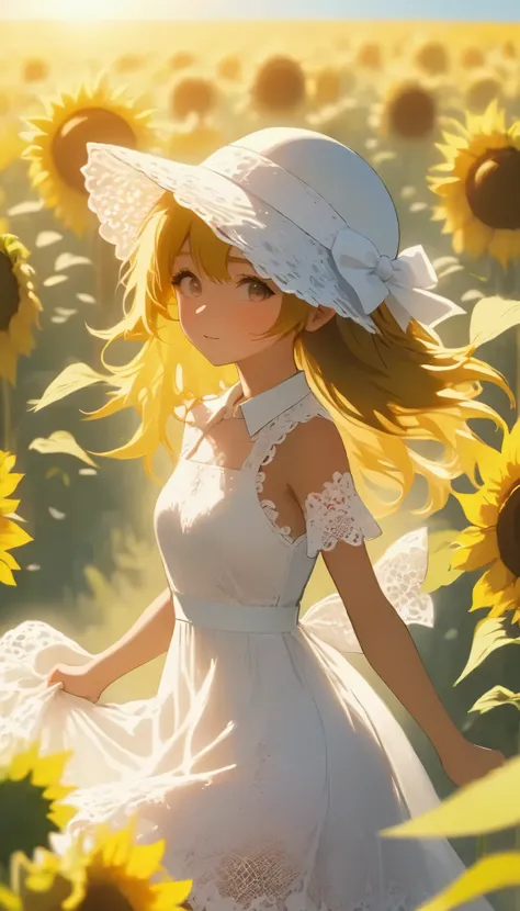 fuwa aika, 1 girl in the best,Alone, (White lace dress:1.2), Relaxed Dress (sun visor hat:1.2), Sunflower field, in the sun , A faint smile, watch viewers, wind, dynamic, Strong light and shadow,dynamic pose,