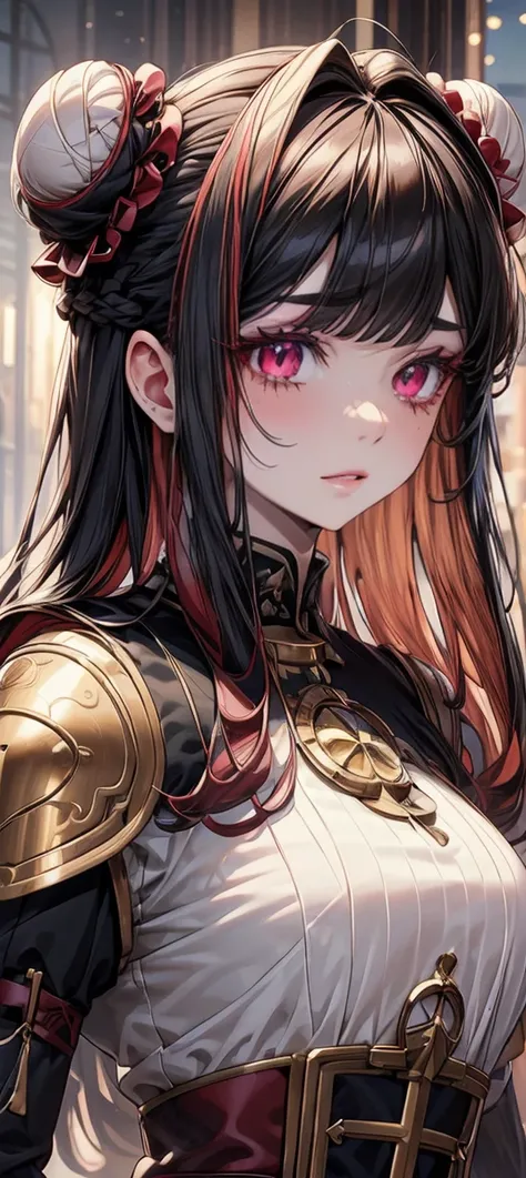 (masterpiece),(Highest quality:1.0), (Ultra-high resolution:1.0), Detailed illustrations, 8k, anime, One person, beautiful anime girl, Wearing a armor, Flower ornaments, Pretty face, Detailed face, Beautiful Eyes, Detailed eyes, black Hair, red colored inn...