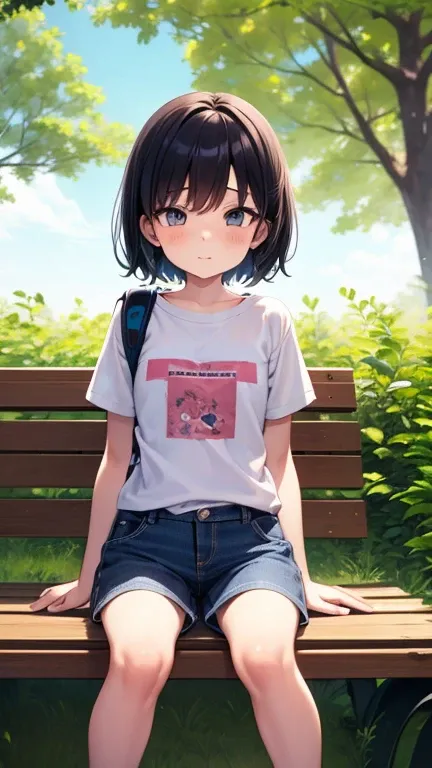 １ bashful girl　 elementary school students　 short　 sitting on a park bench 　 Small Hands　Small feet　 thin legs 　Big face　Narrow shoulders　 black hair　 short hair　 big eyed 　Shiny Eyes　Large T-shirt　light blue short jeans　 backpack　