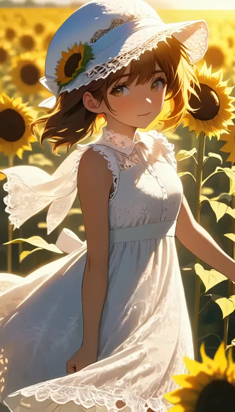 fuwa aika, 1 girl in the best,Alone, (White lace dress:1.2), Relaxed Dress (sun visor hat:1.2), Sunflower field, in the sun , A faint smile, watch viewers, wind, dynamic, Strong light and shadow,dynamic pose,