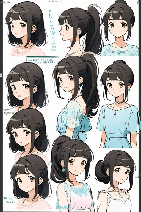 CharacterSheet,A high-quality, hand-drawn illustration, thick line art, no background, simple sketch style, anime-inspired design, clean and sharp details, 

Break,
25y,Young woman, lovely facial features, big brown eyes, long elegant eyelashes, small pink...