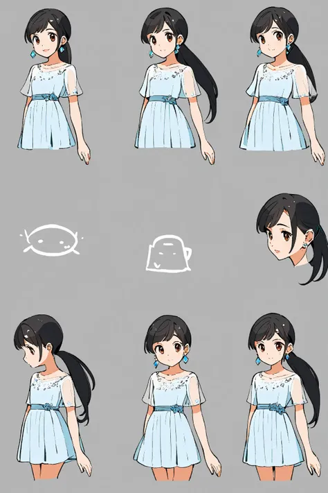 CharacterSheet,A high-quality, hand-drawn illustration, thick line art, no background, simple sketch style, anime-inspired design, clean and sharp details, 

Break,
25y,Young woman, lovely facial features, big brown eyes, long elegant eyelashes, small pink...