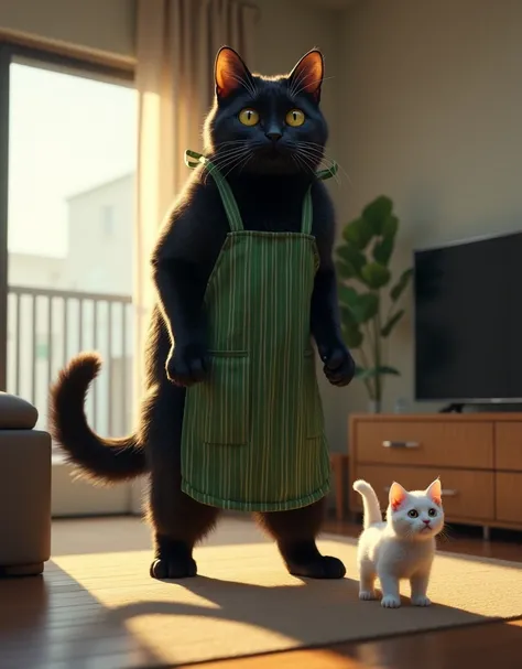 ultra-realistic, photorealistic, dramatic scene, shadow, global-illumination, the human-like giant black cat\(wearing a vertical striped green apron, black cat\), the human-like black cat is standing and moving its tail in the room and a cute white kitten ...