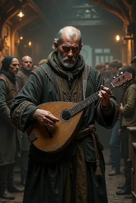 Human official bard in a downed tavern plays an old lute and looks saddened, Bored guests in rural clothes get drunk in the background, Fantasy, grim,  realistic , high resolution