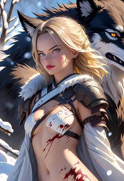 4K Highly Detailed Realistic Digital Superb High Quality RAW Photo ,  Portrait of Margot Robbie, who has lived with wolves all his life、 now leading wolves to battle . Torn clothing is exposed ( nudes:1.4) body, Armored Shoulders, tooth,  curled horns ,  b...