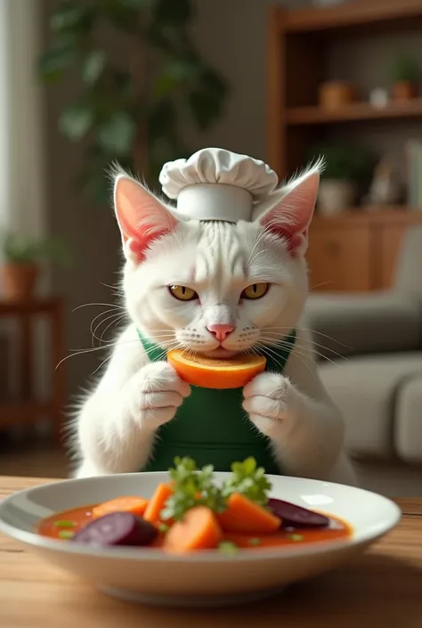  A cinematic shot of a white cat wearing a chef's hat in the living room.  The cat is sitting at a table and is wearing a green apron .  He is eating vegetable soup , pepino, beetroot and carrot 