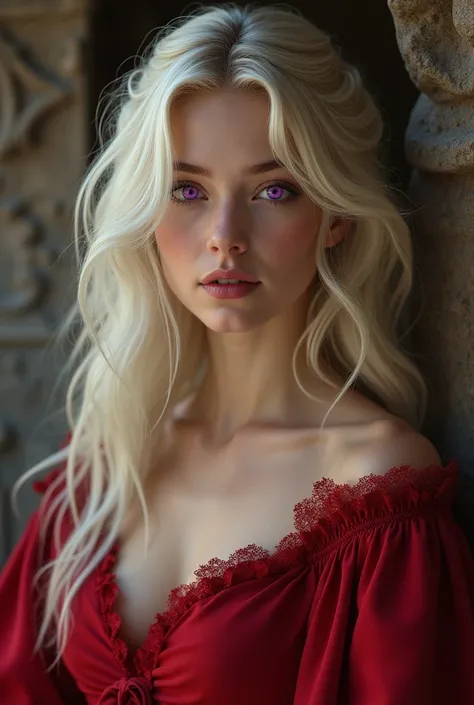 Beautiful 32 year old girl,  with long platinum blonde hair,  of deep violet eyes , wearing a medieval red dress