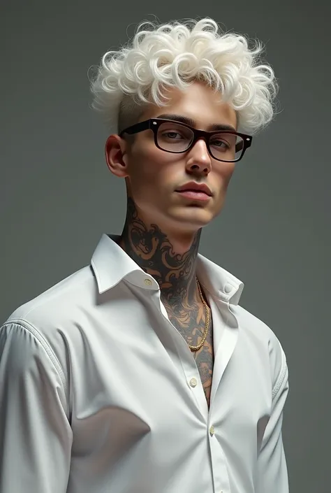  realistic photo 4 D  , 20 year old guy  , wearing a white shirt  , Has a nice body  ,  slightly tattooed on the neck ,  uses glasses  , Handsome ,  white , curly hair , have eyebrows that are in the line codet , stylized as a mafia 