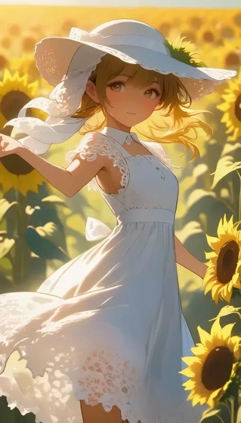 fuwa aika, 1 girl in the best,Alone, (White lace dress:1.2), Relaxed Dress (sun visor hat:1.2), Sunflower field, in the sun , A faint smile, watch viewers, wind, dynamic, Strong light and shadow,dynamic pose,