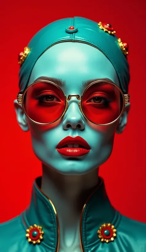   This image is associated with fashion photo shoots or art projects  .
   1 Face  :   high fashion and avant-garde art  ,  headdress ,  to create a vivid and memorable  .
  2 glasses  :   A woman wears large round glasses with a gold frame and rich red le...