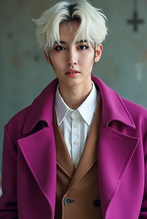 I want you to make this young Korean man with a face like Beomgyu with green eyes and white hair and Messy hair with a magenta coat, Brown waistcoat and a white shirt