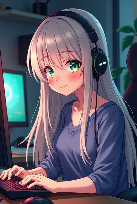  anime girl image, long ash-blond hair,  green eyes, playing video games on a computer, wear a long shirt . He has a flirty look 