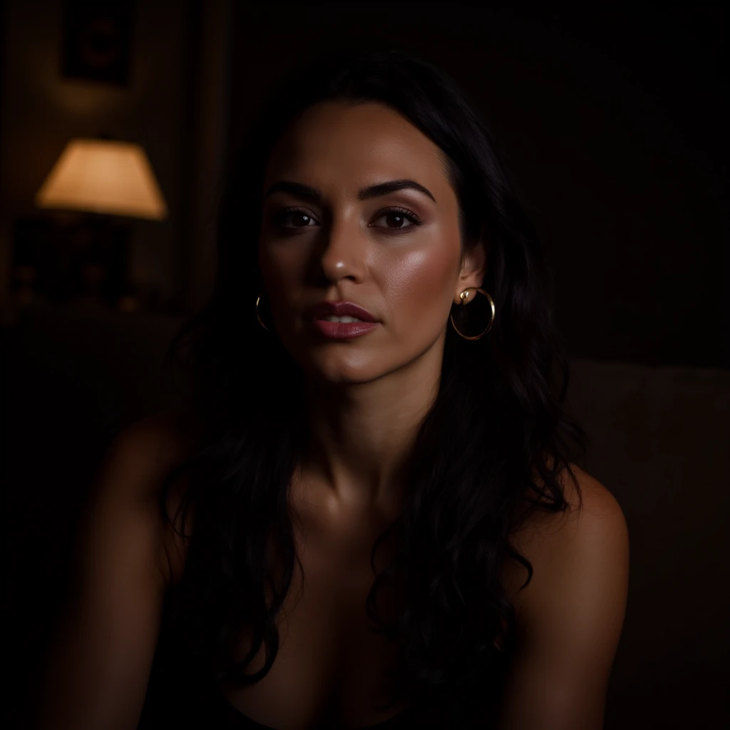 A serene, mature Latina woman with dark, wavy hair cascading over her shoulders, sitting in a softly lit room. Her expression is calm and natural, exuding warmth and quiet confidence. The background is dark and slightly blurred, creating a dramatic yet int...