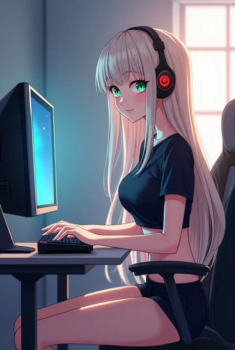  anime girl image, long ash-blond hair,  green eyes, playing video games on a computer, Wear a black top with short shorts.  you have a picardy look